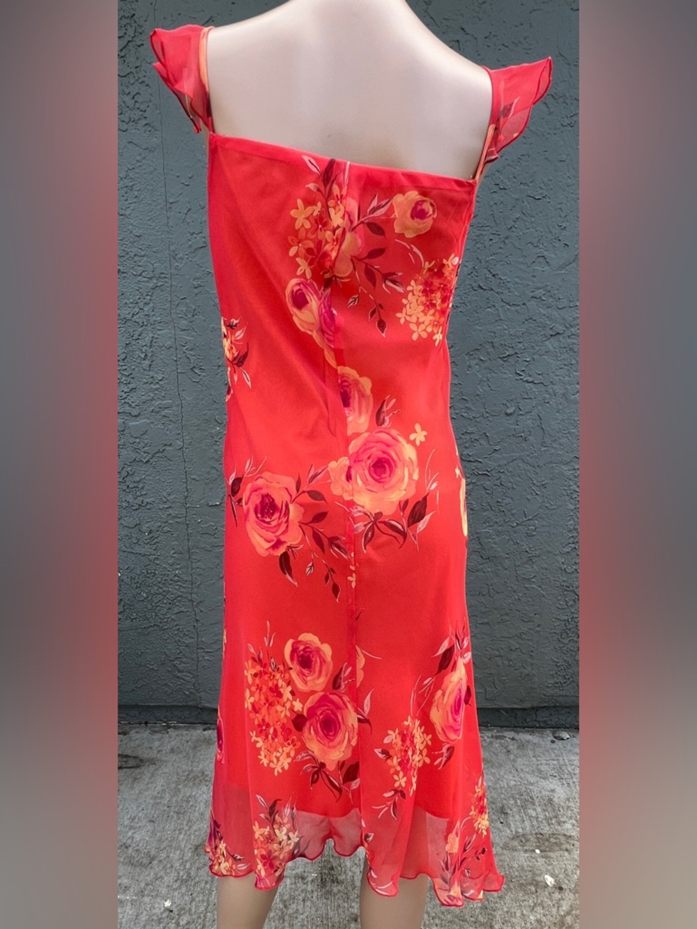 New York & Company Orange Floral Dress Size 14 Chiffon Midi Summer - Picture 2 of 4